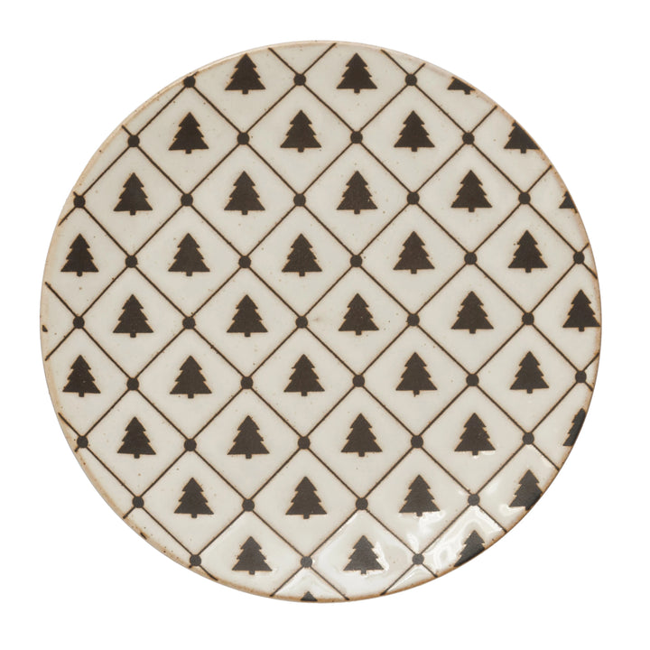 6" Round Stoneware Plate with Tree Pattern, Reactive Glaze, White and Black