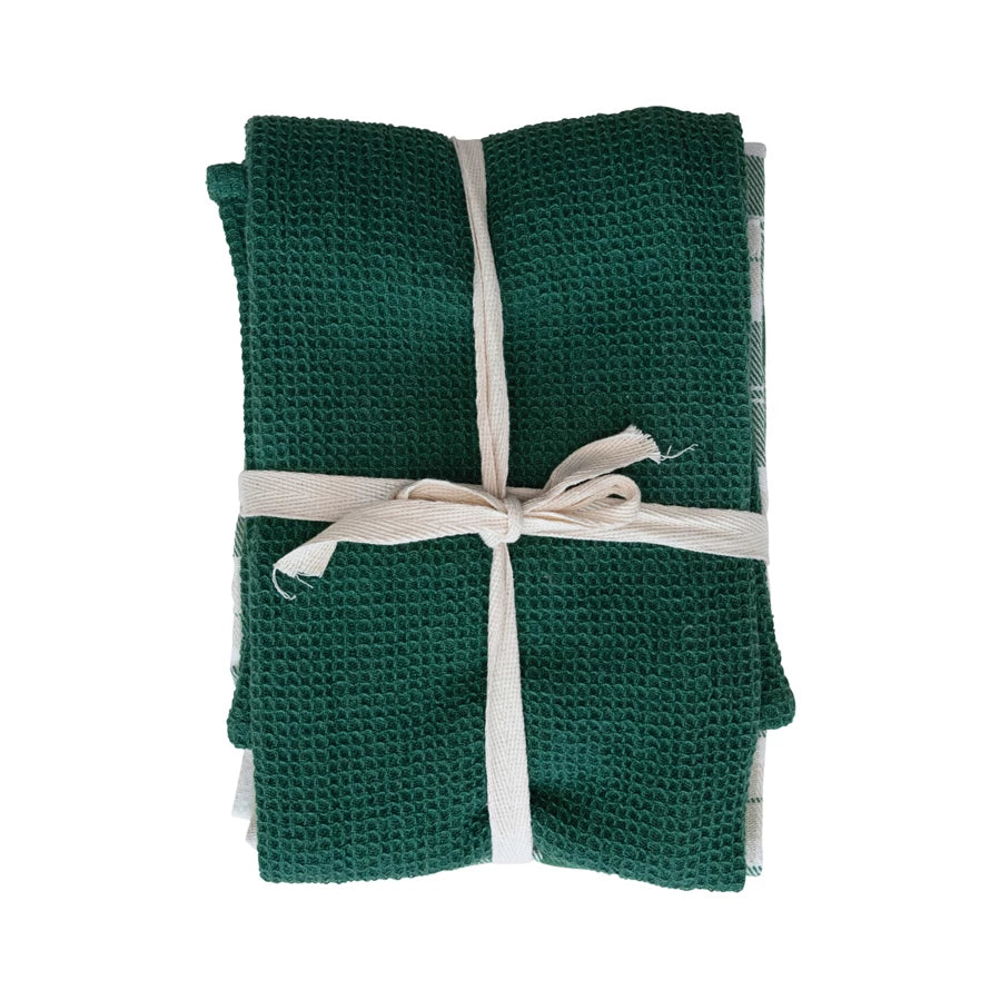 Cotton Waffle Weave Tea Towels, Green & White, Set of 3 - 28"L x 18"W