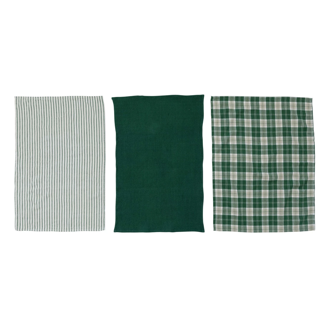 Cotton Waffle Weave Tea Towels, Green & White, Set of 3 - 28"L x 18"W