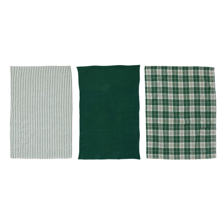 Cotton Waffle Weave Tea Towels, Green & White, Set of 3 - 28"L x 18"W