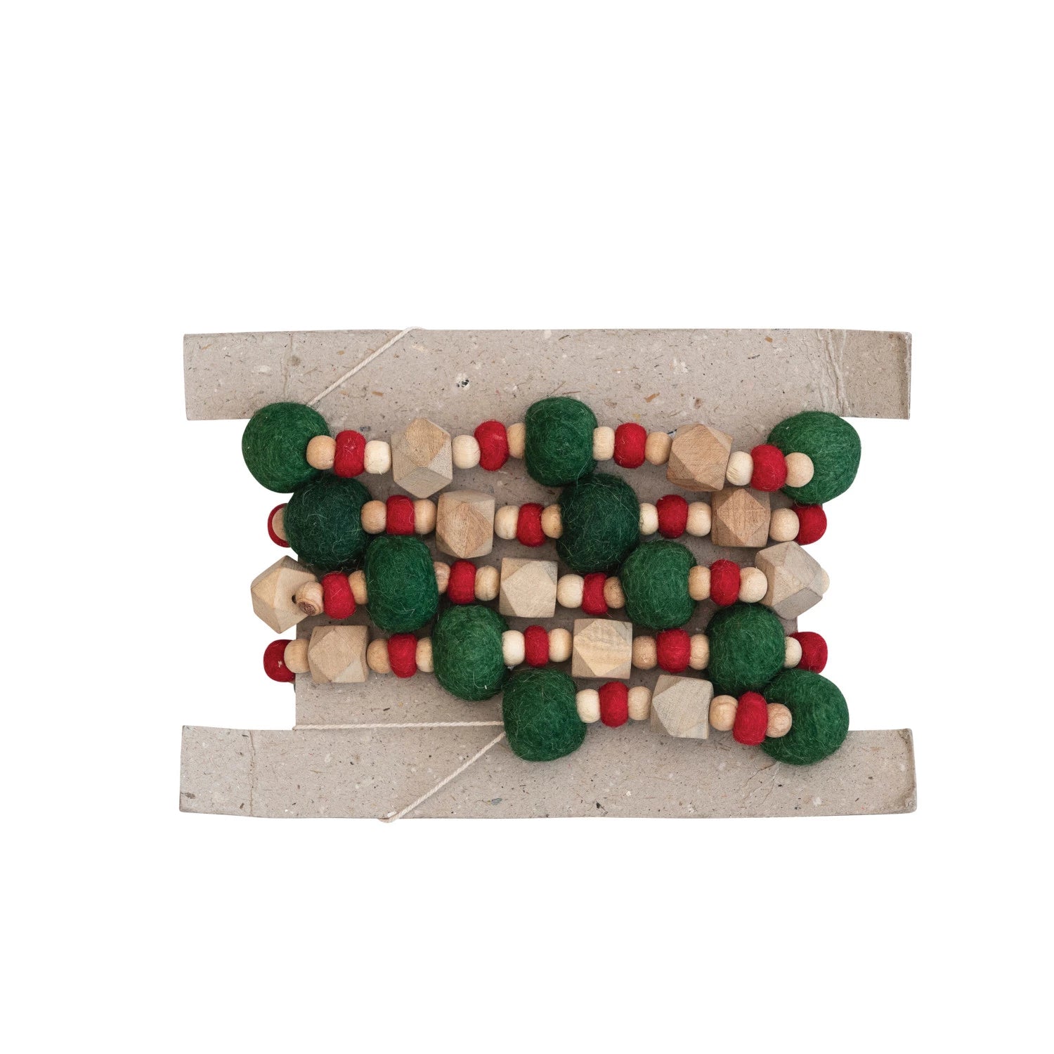 Handmade Wool Felt Ball Garland w/ Wood Beads, Red, Green & Cream Color - 72"