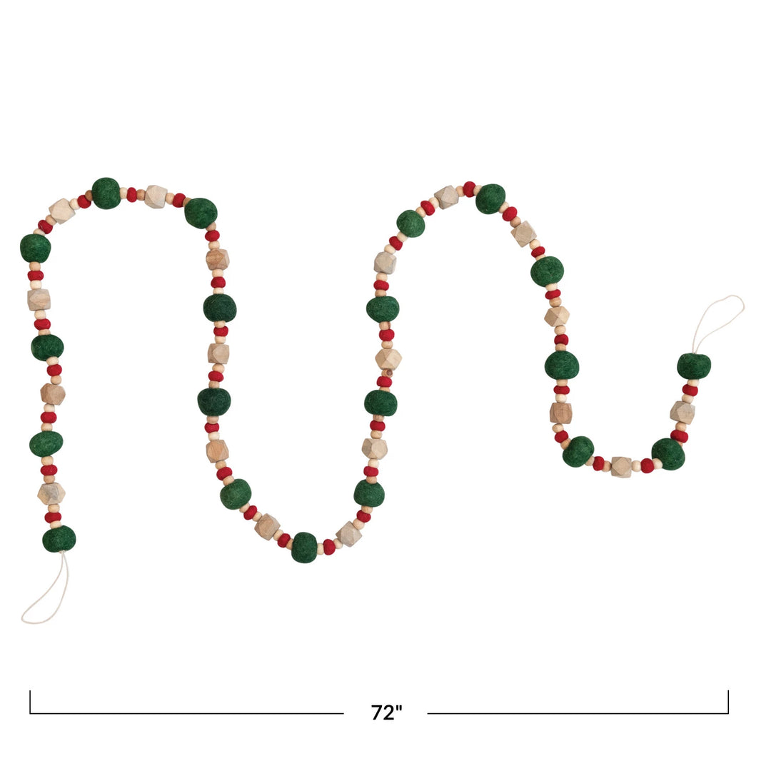 Handmade Wool Felt Ball Garland w/ Wood Beads, Red, Green & Cream Color - 72"
