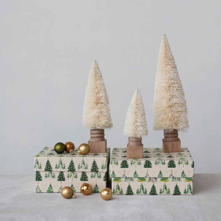 Bottle Brush Tree w/ Carved Wood Base, Cream Color, 8"