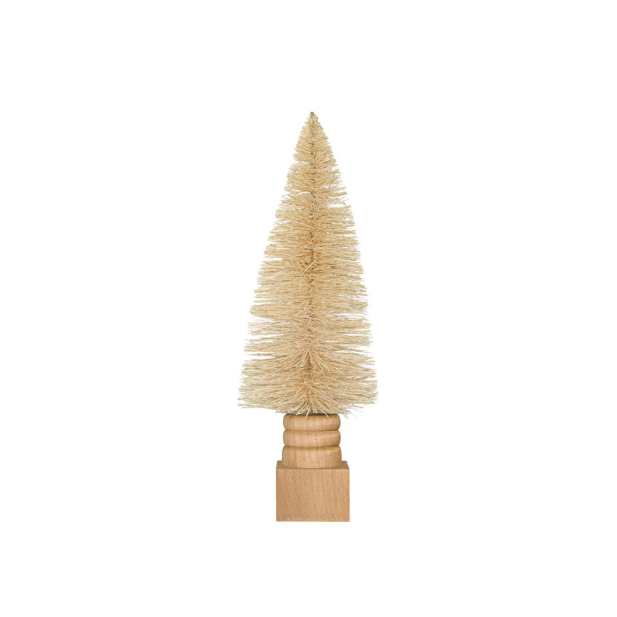 Sisal Bottle Brush Tree w/ Carved Wood Base, Cream Color, 11"