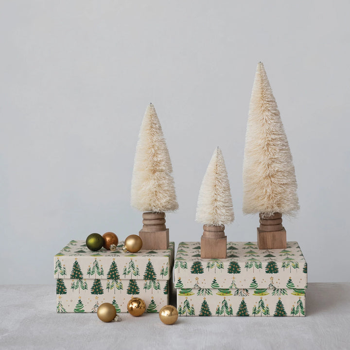 Sisal Bottle Brush Tree w/ Carved Wood Base, Cream Color, 11"