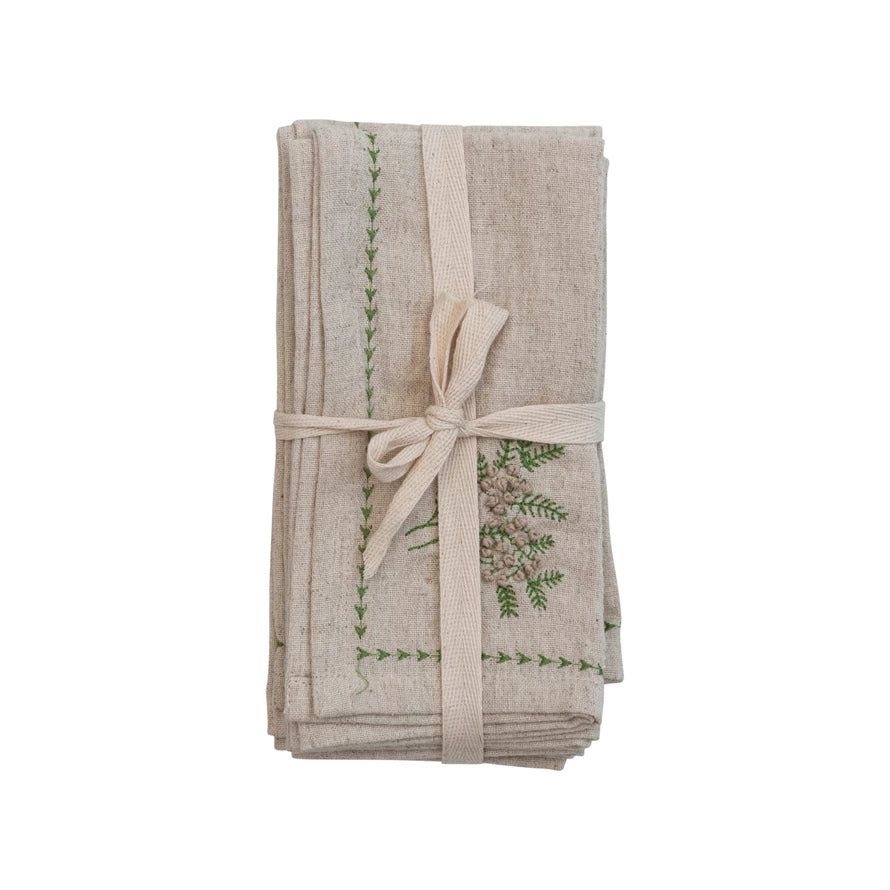 Square Cotton & Linen Napkins w/ Botanical, Embroidery & French Knots, Set of 4