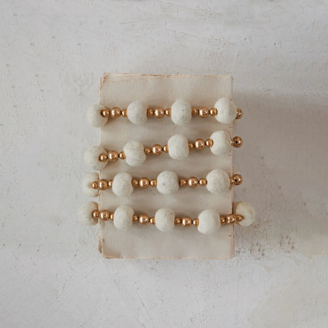 Wool Felt Ball & Bead Garland, Cream Color & Gold Finish