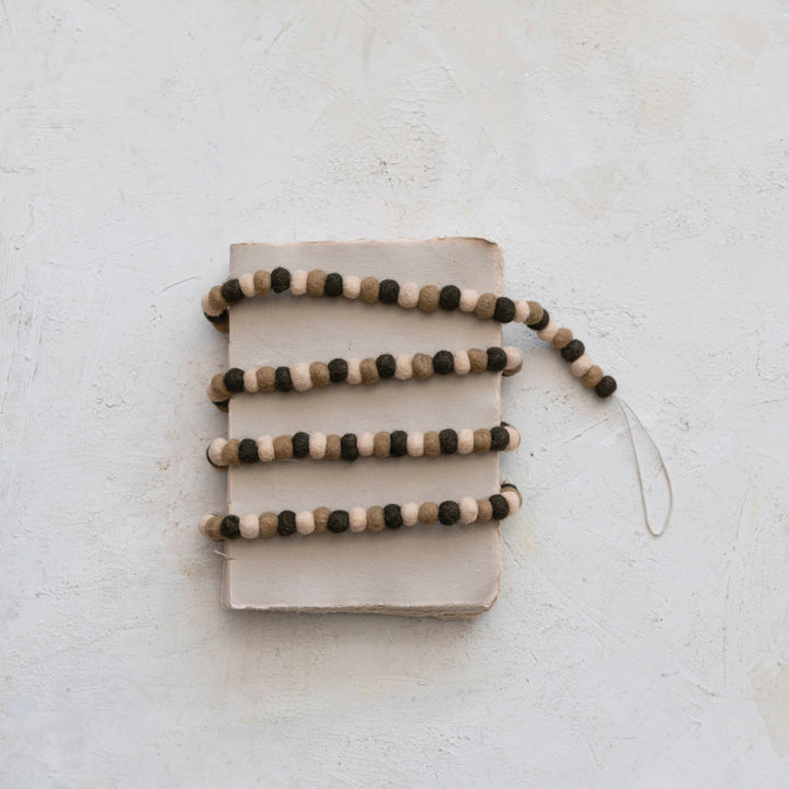 Handmade Wool Felt Ball Garland, Cream Color & Brown