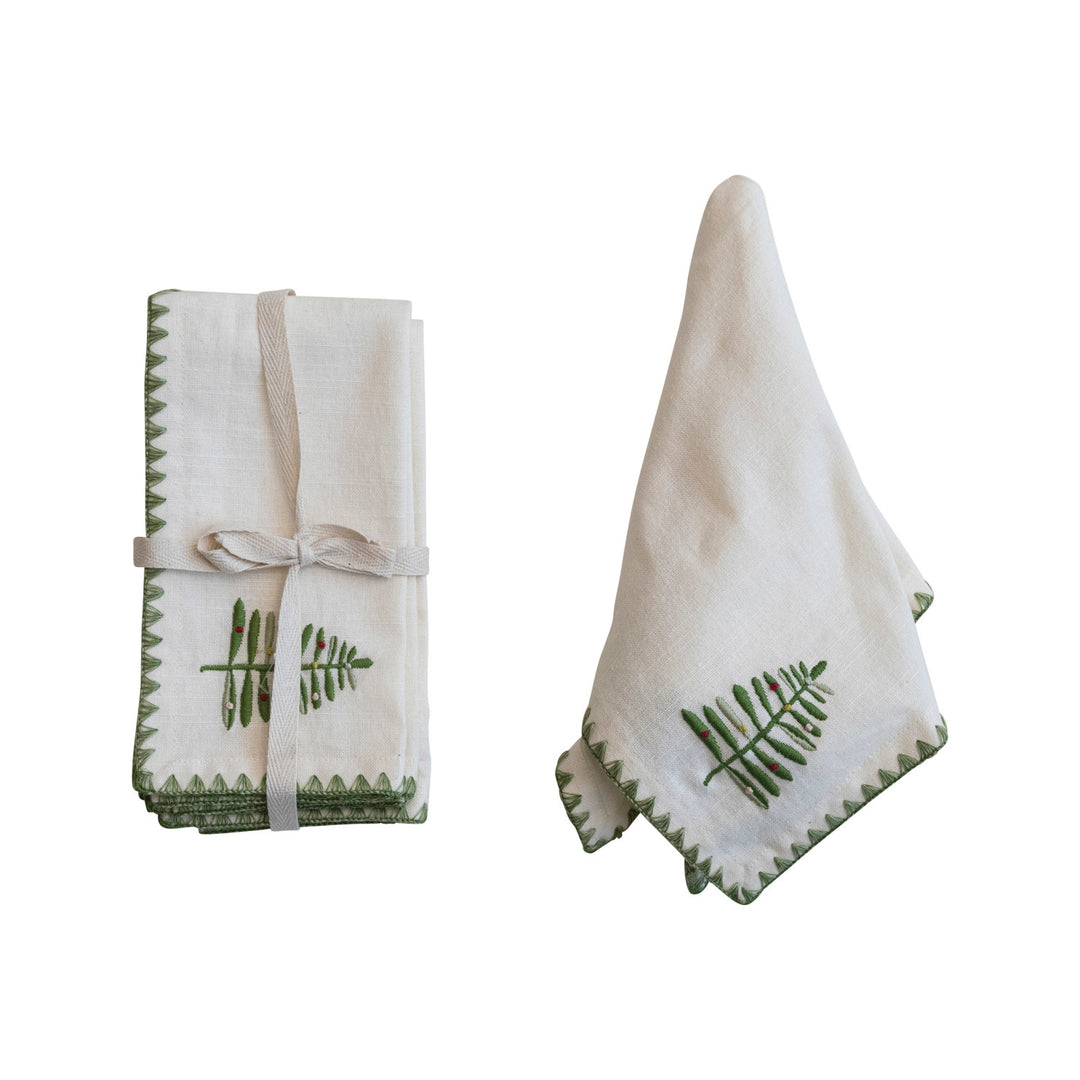 Cotton Napkins with Embroidered Tree & Edge, Natural & Green, Set of 4