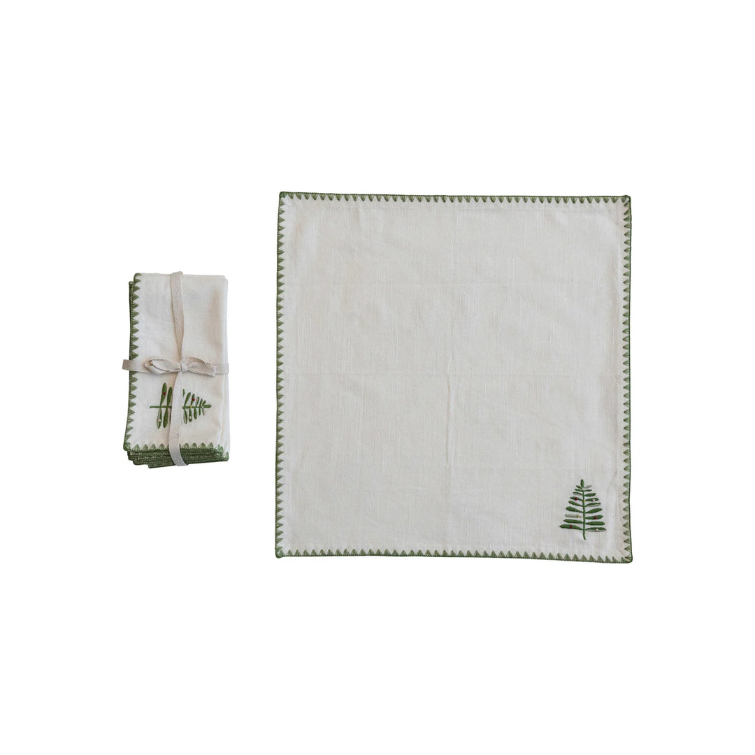 Cotton Napkins with Embroidered Tree & Edge, Natural & Green, Set of 4
