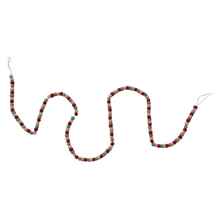 72" Handmade Wool Felt Ball Garland, Red, Green & Pink