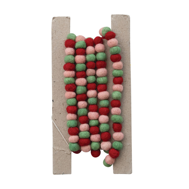 72" Handmade Wool Felt Ball Garland, Red, Green & Pink