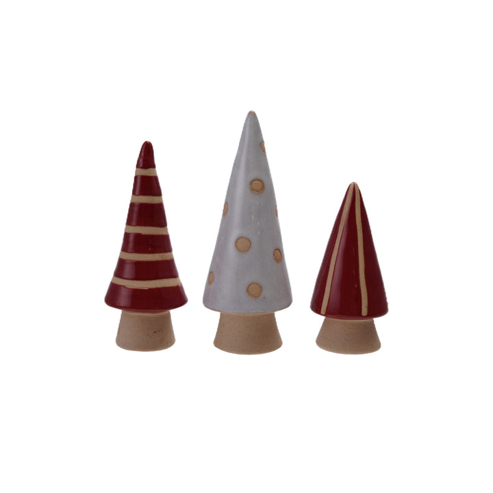 Stoneware Trees with Patterns, Red, White & Unglazed, 3 Sizes