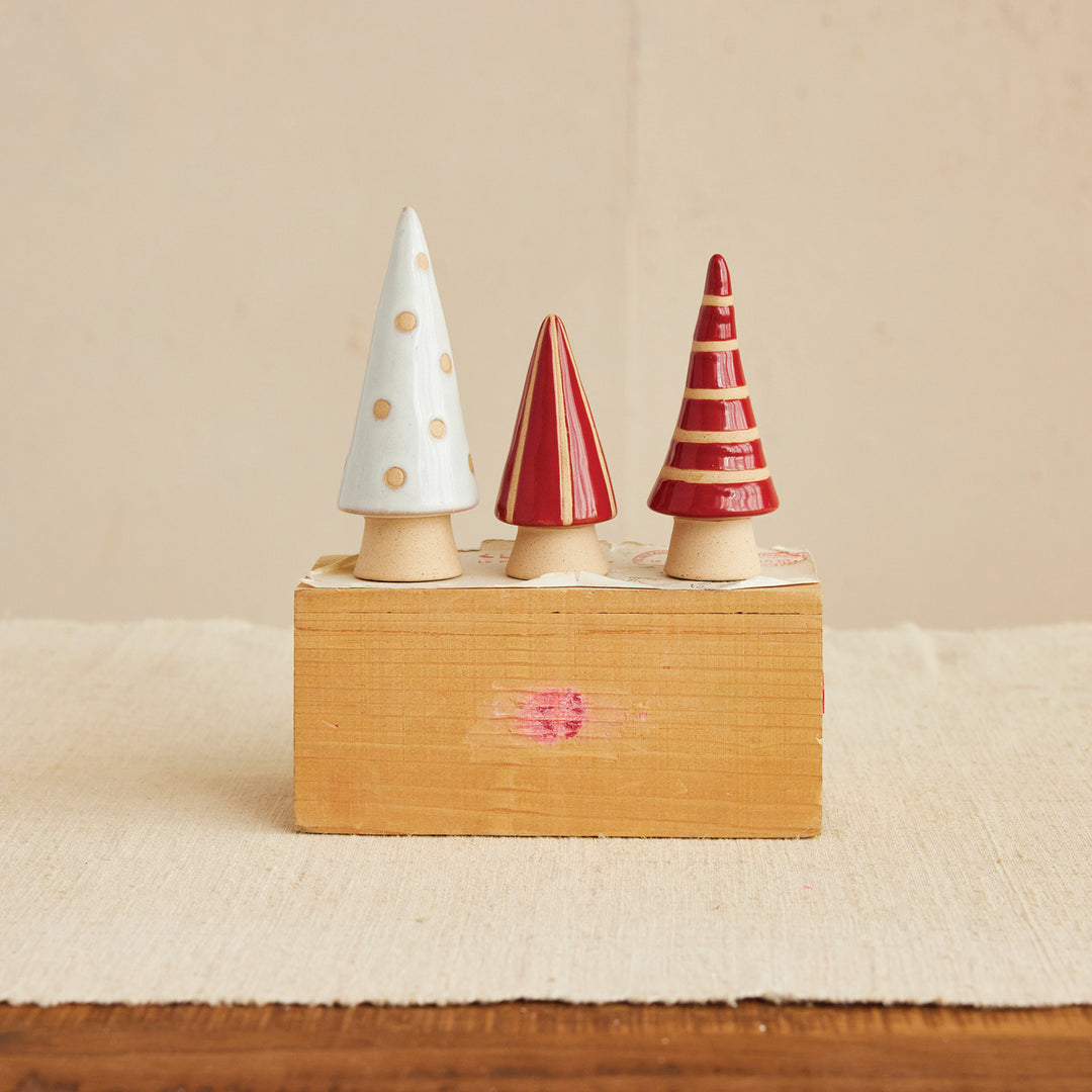 Stoneware Trees with Patterns, Red, White & Unglazed, 3 Sizes