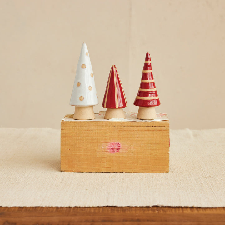 Stoneware Trees with Patterns, Red, White & Unglazed, 3 Sizes