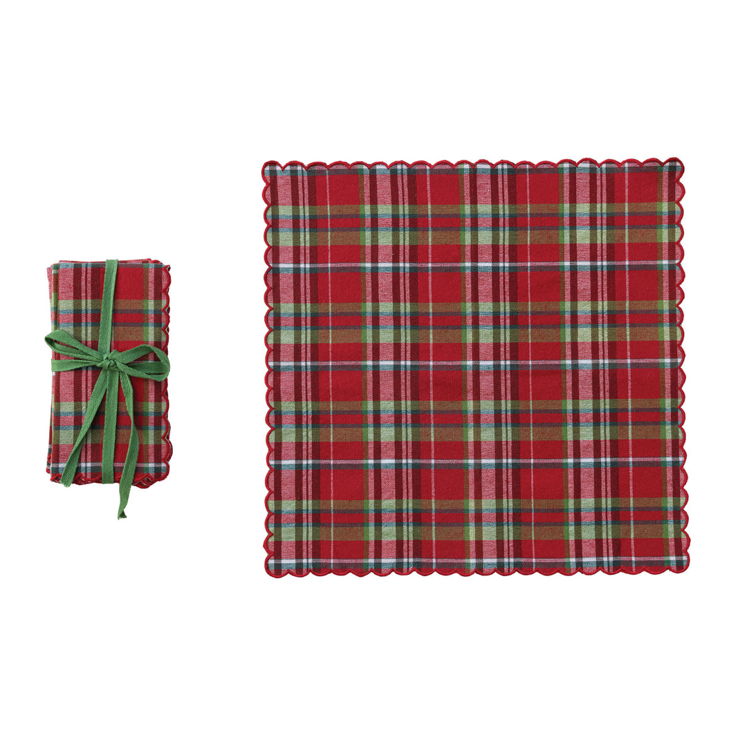 Red & Green Plaid Cotton Napkins with Scalloped Stitched Edges, Set of 4