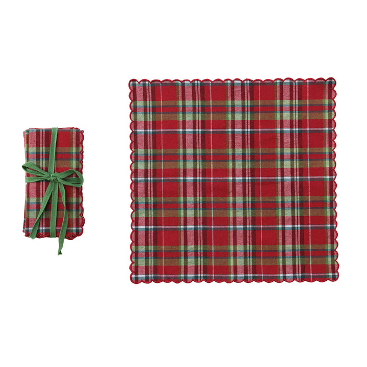 Red & Green Plaid Cotton Napkins with Scalloped Stitched Edges, Set of 4
