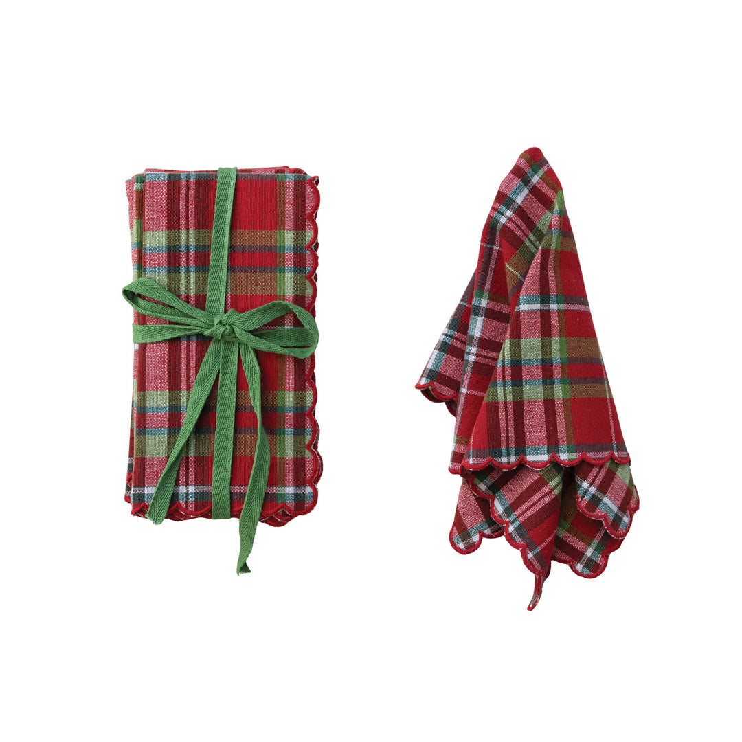 Red & Green Plaid Cotton Napkins with Scalloped Stitched Edges, Set of 4