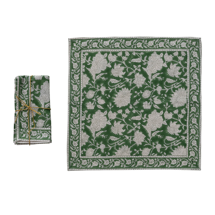 Cotton Block Print Napkins with Floral Pattern, Green & White, Set of 4