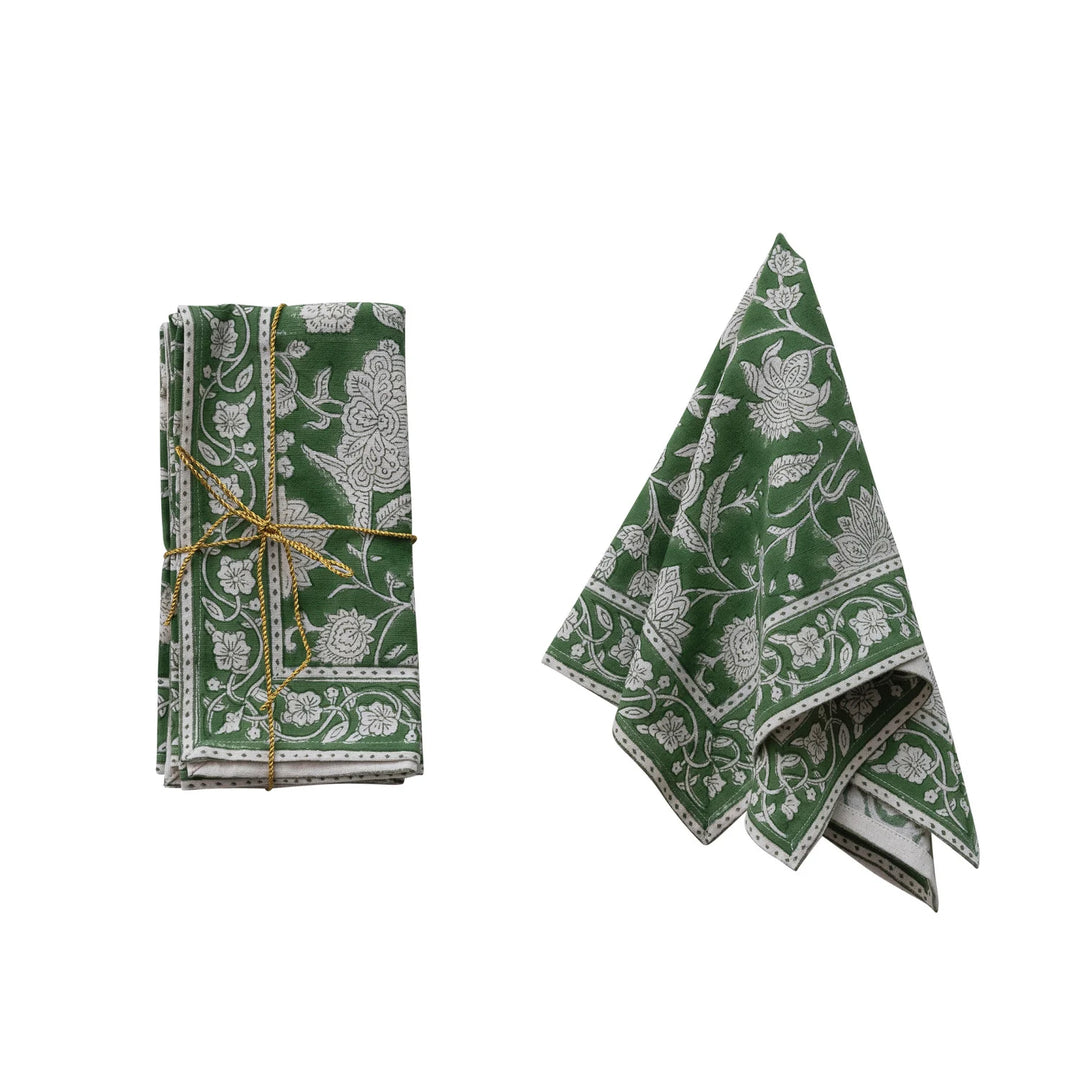 Cotton Block Print Napkins with Floral Pattern, Green & White, Set of 4