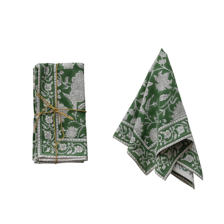 Cotton Block Print Napkins with Floral Pattern, Green & White, Set of 4