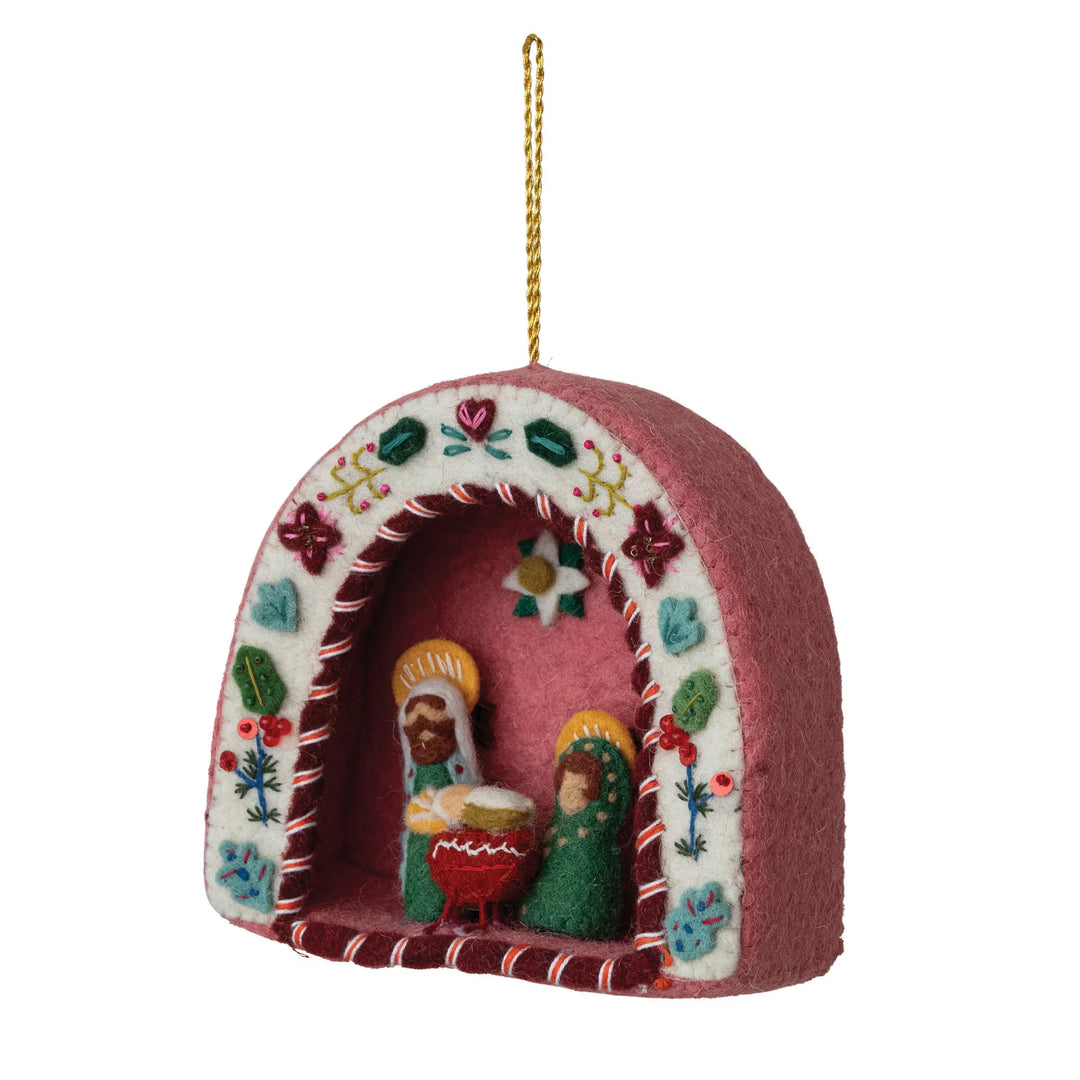 Handmade Wool Felt Holy Family Ornament with Embroidery, Beads & Sequins