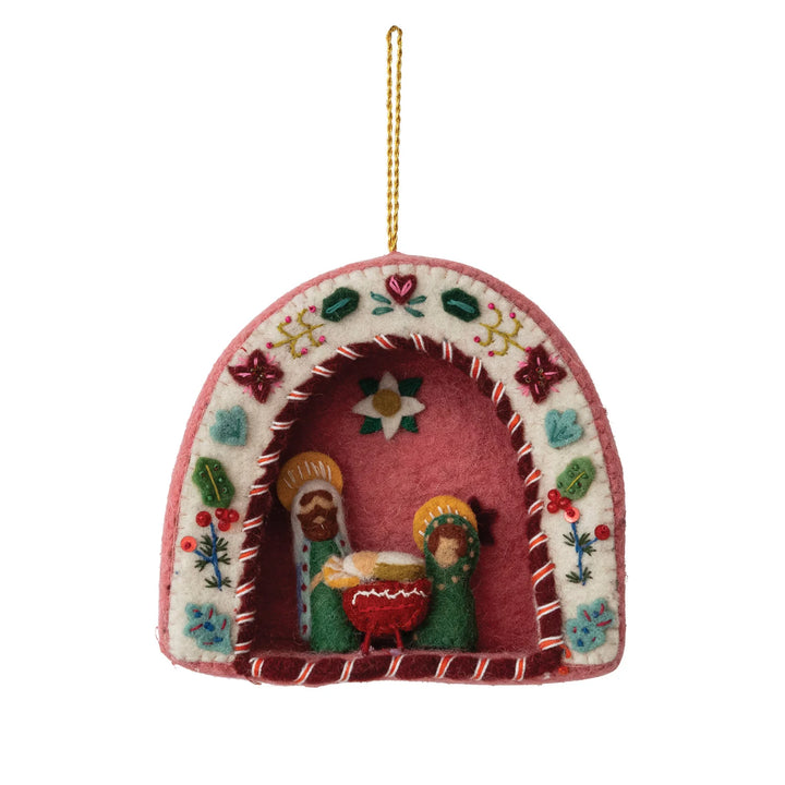 Handmade Wool Felt Holy Family Ornament with Embroidery, Beads & Sequins