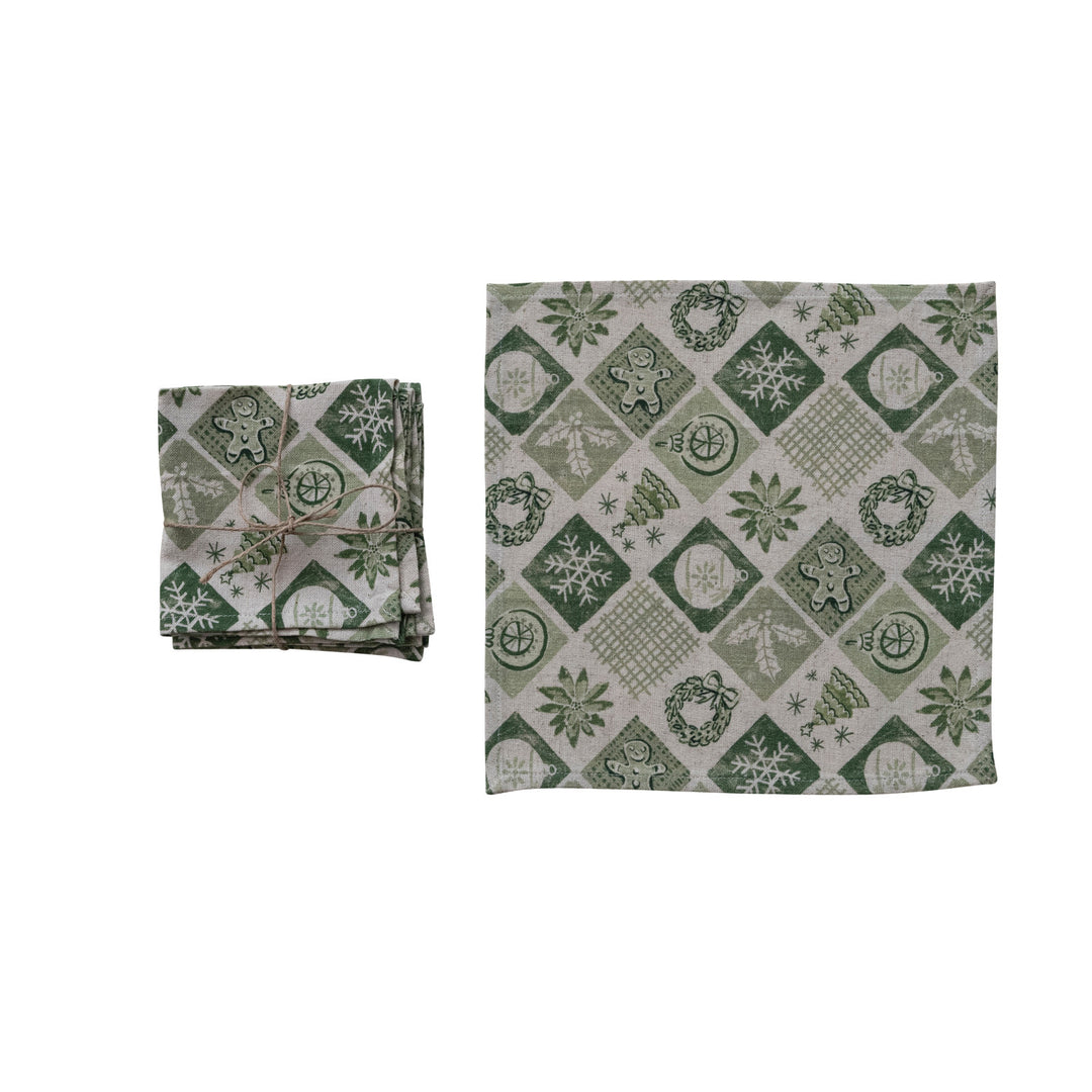 Cotton & Linen Printed Napkins with Holiday Icon Pattern, Set of 4