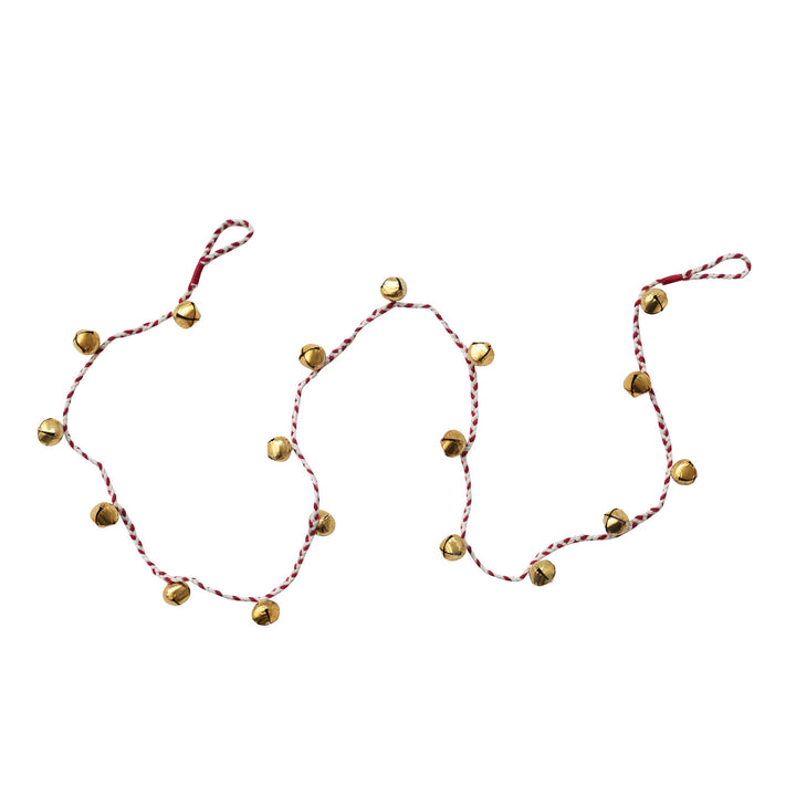 Metal Jingle Bell Garland with Red & White Braided Cord, Gold Finish