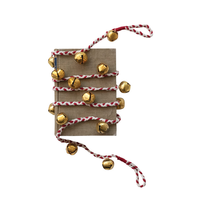 Metal Jingle Bell Garland with Red & White Braided Cord, Gold Finish