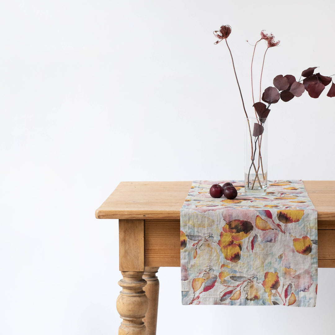 Orange Floral on Natural Linen Table Runner
