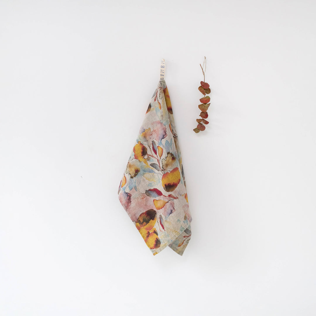 Orange Floral on Natural Linen Kitchen Towel
