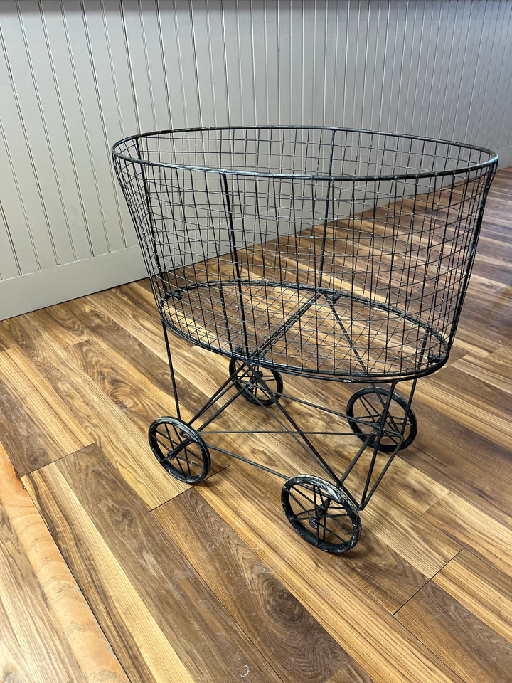 Metal Reproduction of Vintage Laundry Basket On Wheels