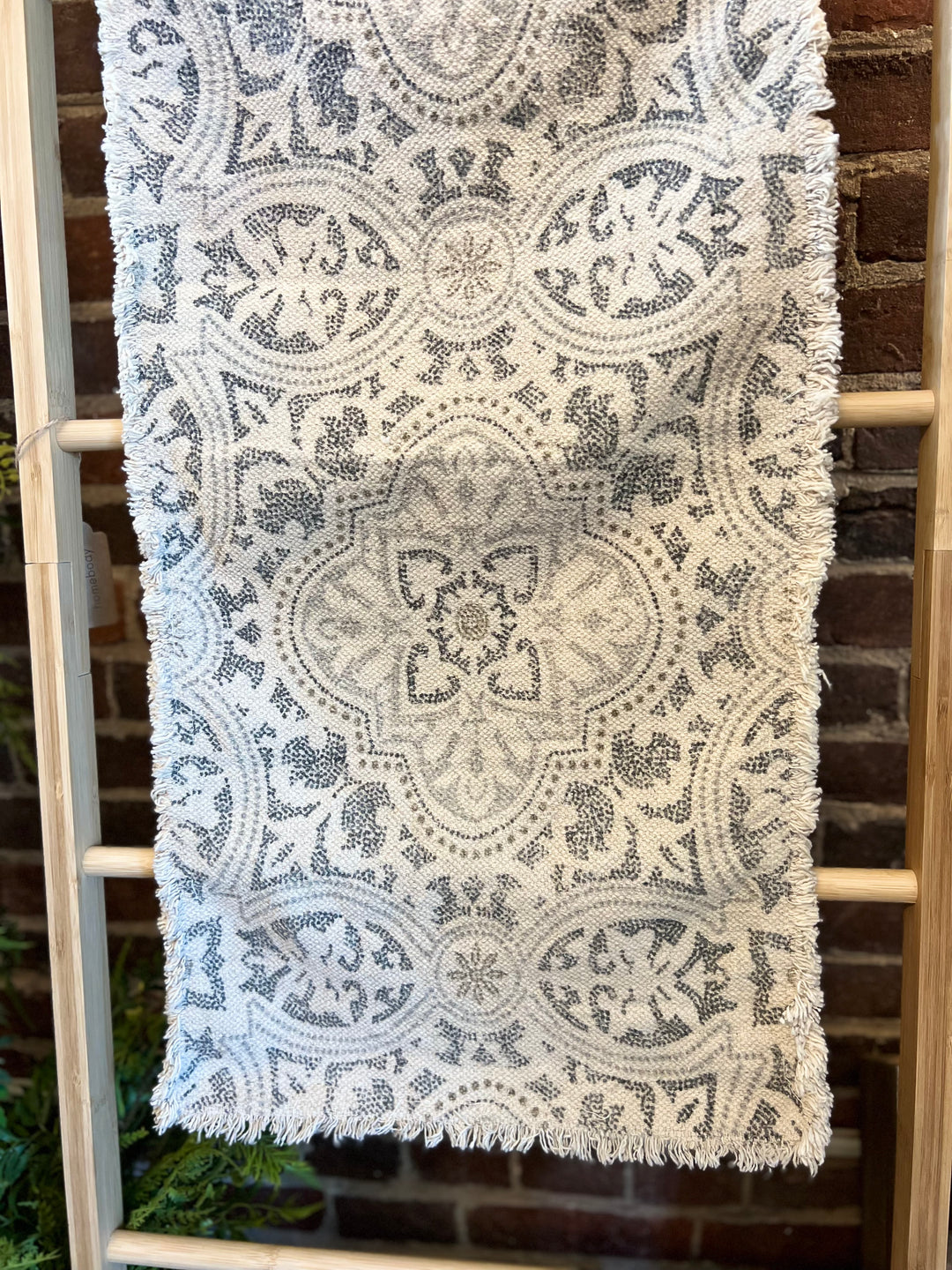 Gray/Cream Printed Table Runner with Frayed Edge