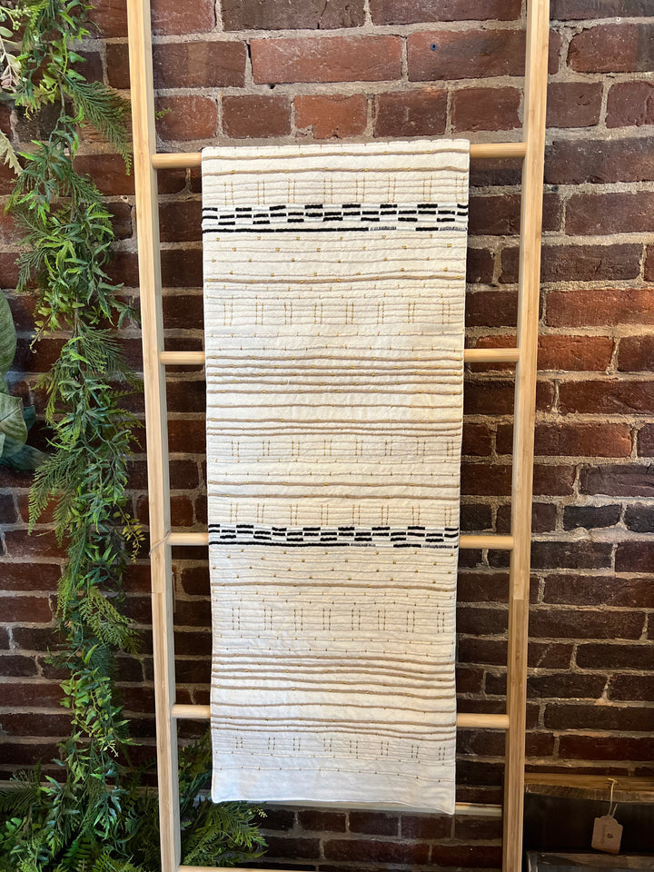 Cotton Embroidered Table Runner w/ Gold Metallic Stitching