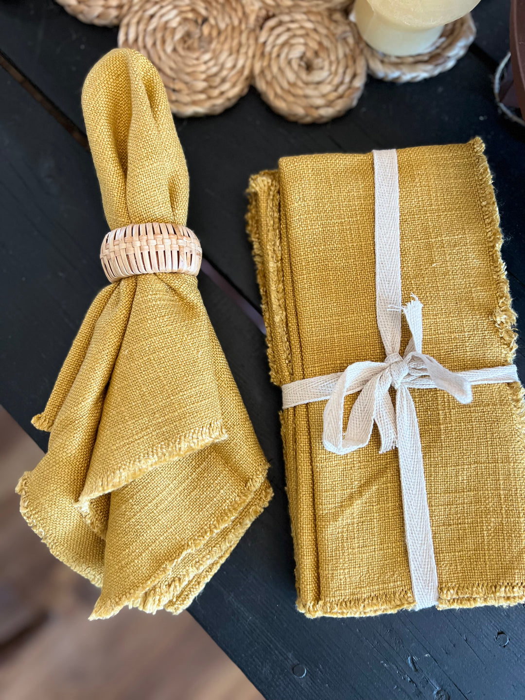 Linen Blend Napkins with Fringe Trim, Set of 4, Mustard Color
