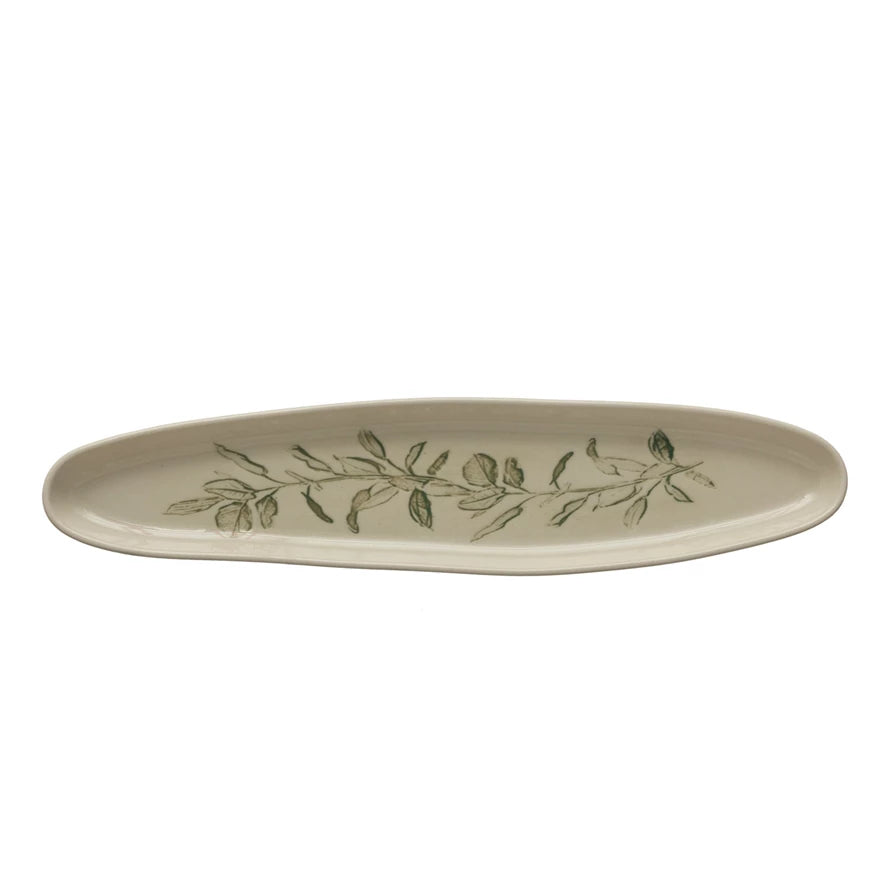 Oval Debossed Stoneware Tray w/ Botanical (Each One Will Vary)