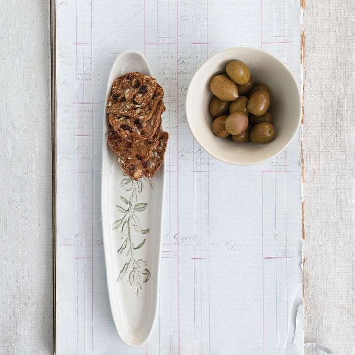 Oval Debossed Stoneware Tray w/ Botanical (Each One Will Vary)