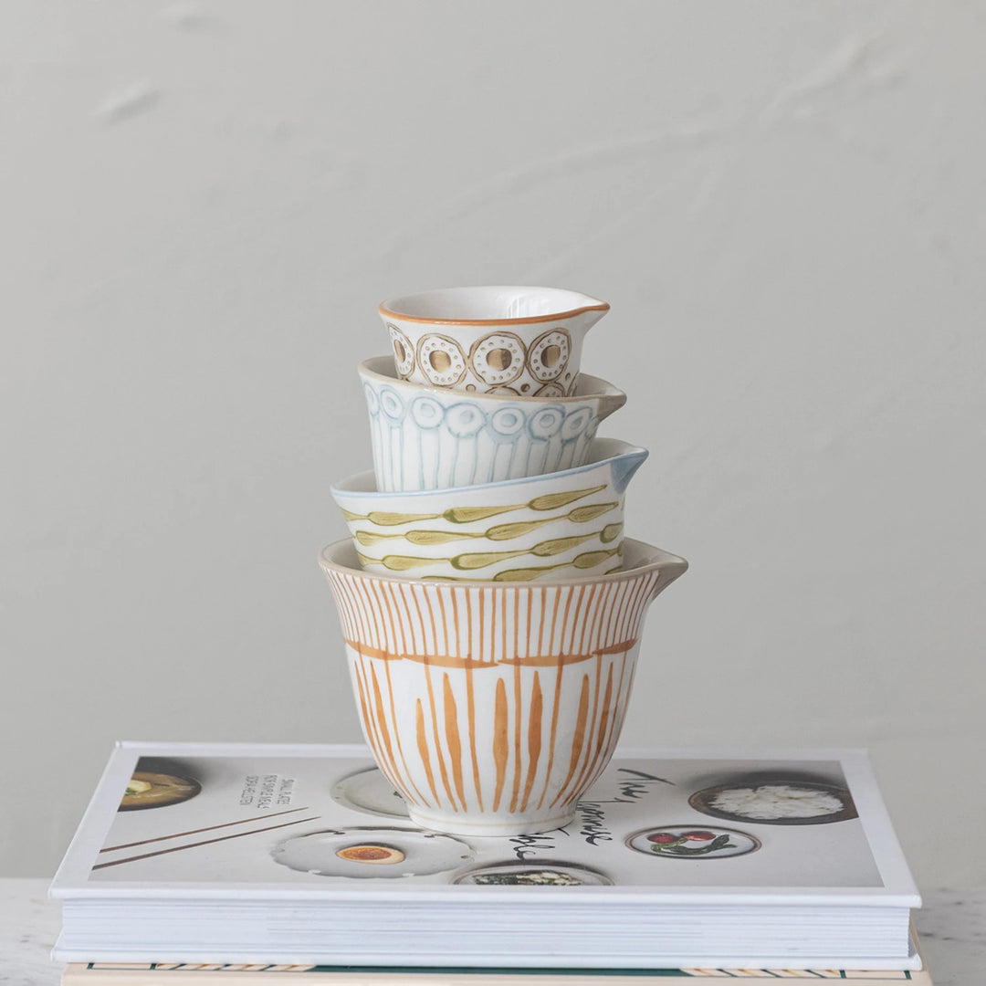 Hand-Painted Patterned Stoneware Measuring Cups, Set of 4