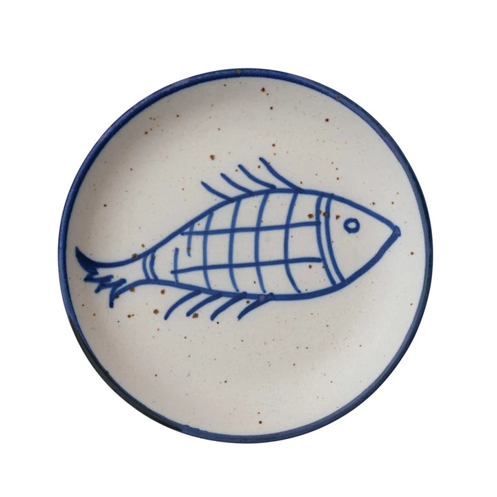 Stoneware Plate w/ Fish, Blue & Cream Color Speckled