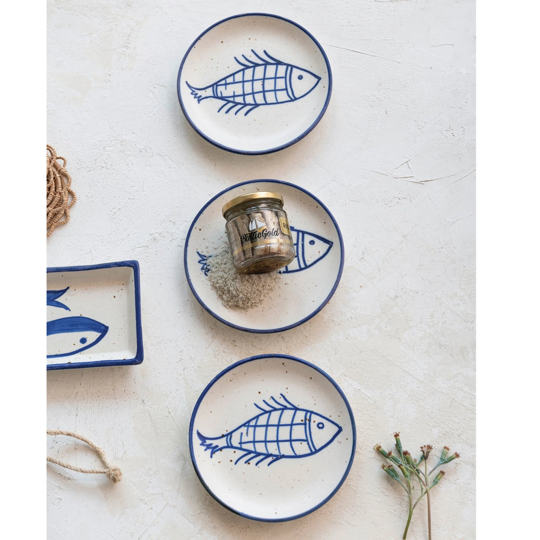 Stoneware Plate w/ Fish, Blue & Cream Color Speckled