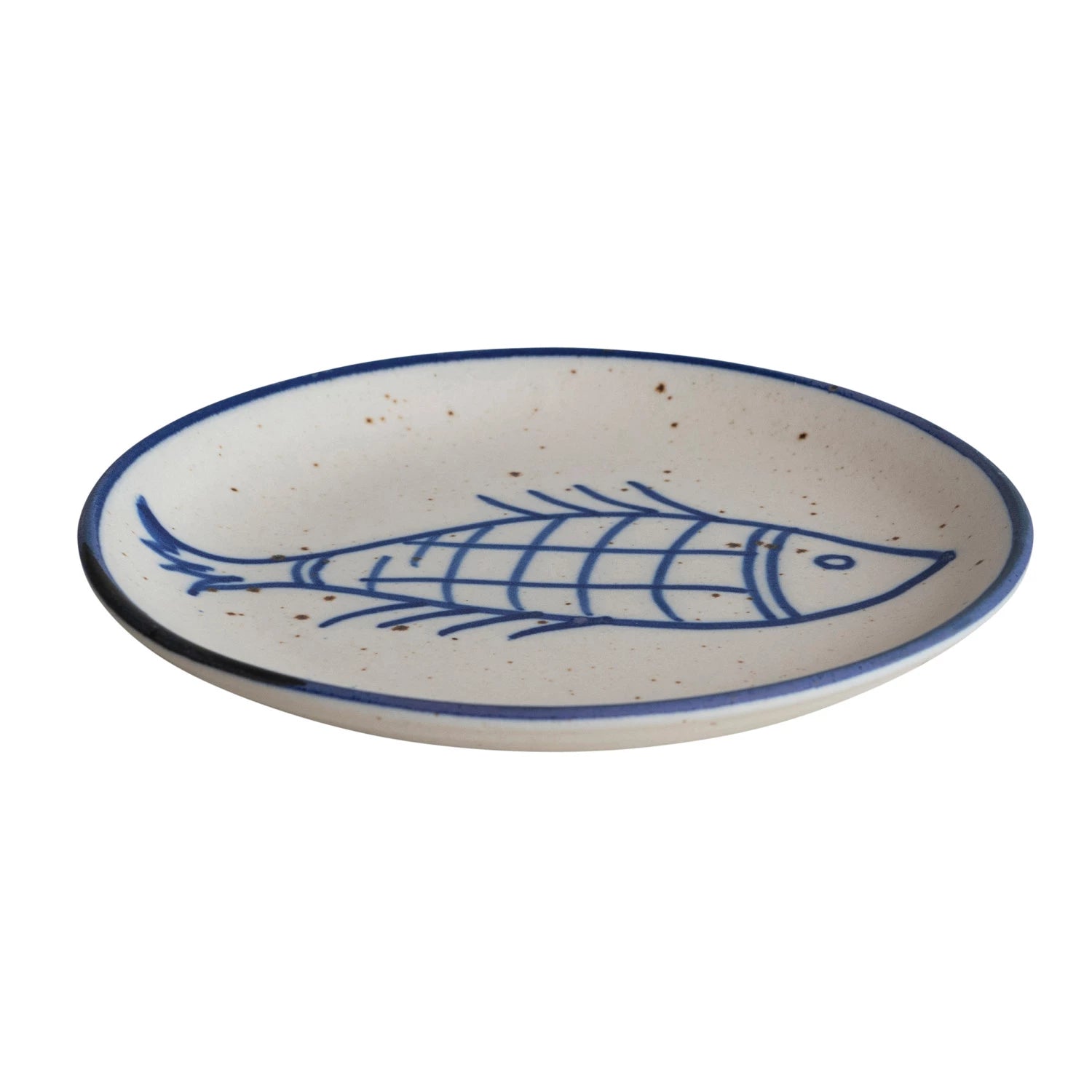 Stoneware Plate w/ Fish, Blue & Cream Color Speckled