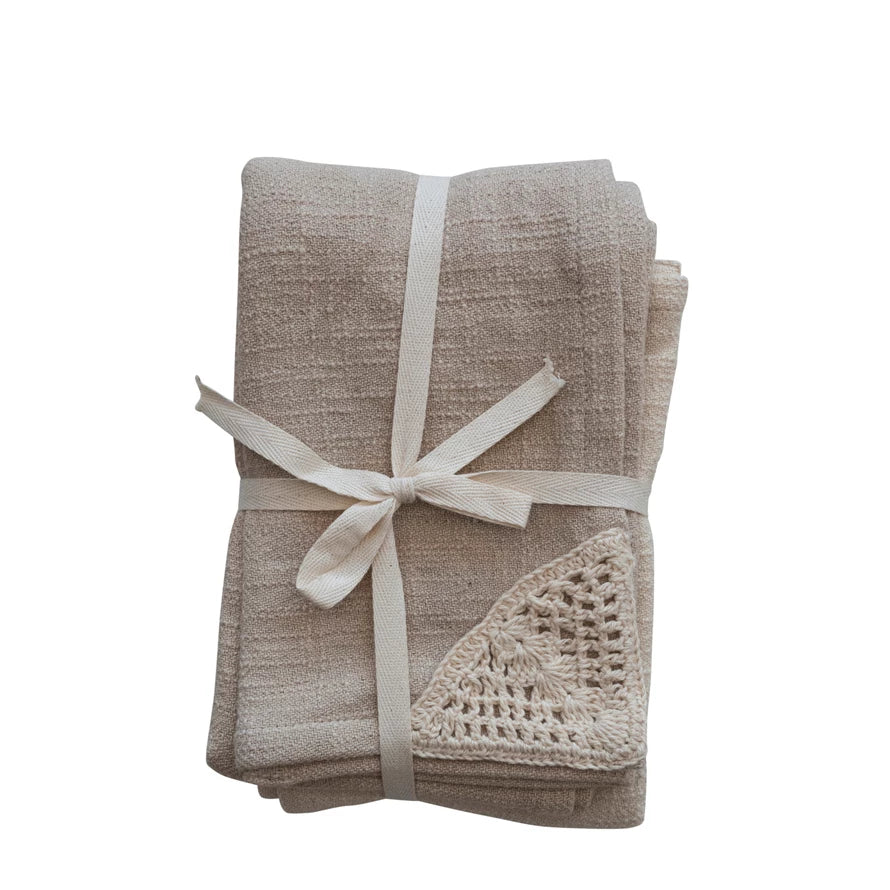 Woven Cotton Tea Towels w/ Crochet Corner, Natural & Beige, Set of 2