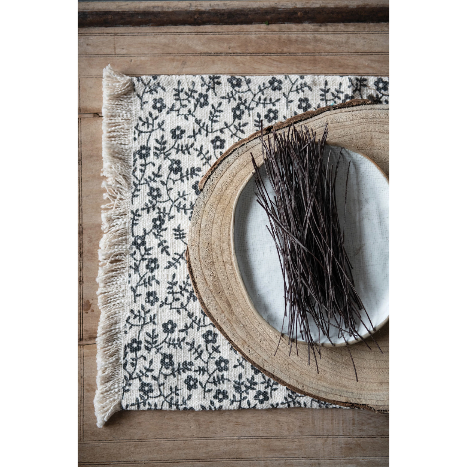 Cotton Slub Printed Placemat with Floral Pattern & Fringe, Natural & Black