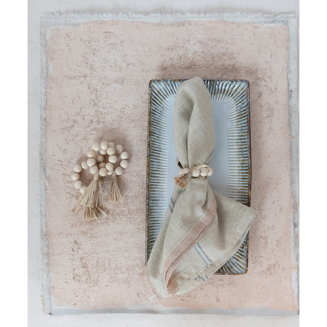Wood Bead Napkin Rings with Raffia Tassel, Set of 4