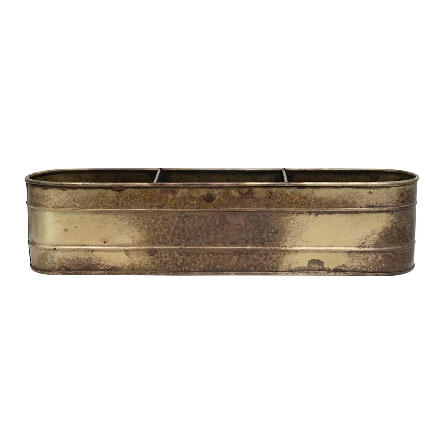 Galvanized Metal Window Planter with 3 Sections, Antique Brass Finish